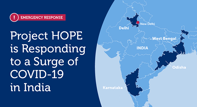 Map of India in light and dark navy, text reads, Emergency: Project HOPE is Responding to a Surge of COVID-19 in India.