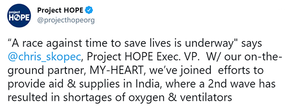 Screenshot of a tweet from Project HOPE reading: “A race against time to save lives is underway