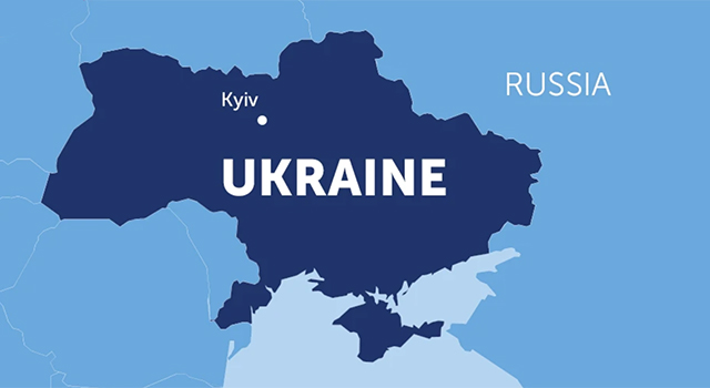 A light blue and navy map shows the location of Ukraine in relation to Russia with Ukraine's captial of Kyiv highlighted in the northern part of the country.