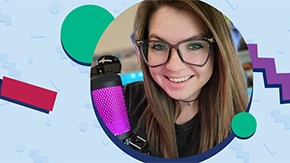 A Project HOPE streaming ambassador wears large cat-eye glasses, a choker necklace, black tshirt and holds a pink water bottle as they smile at the camera. Her photo is enclosed in a background with geometric shapes of different colors.