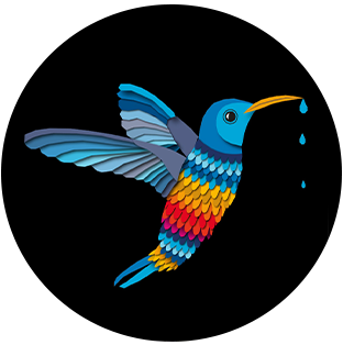 A round logo of a brightly-colored hummingbird with water droplets falling from its long beak.