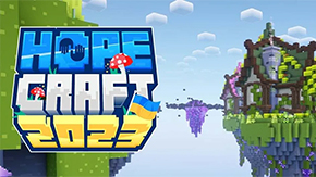 A graphic in Minecraft the game style with type reading HOPEcraft 2023 in large blocky letters.