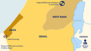 A map of Gaza, Israel, the West Bank and Jordan showing Project HOPE team and partner locations, as well as the Rafah Crossing.