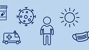 Blue illustration of COVID-19 virus and medical equipment including ambulance, medication and masks