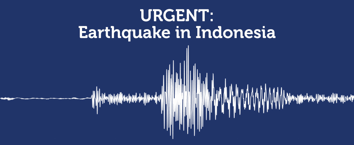 Earthquake in Indonesia, seismograph line in white, pictured on navy background