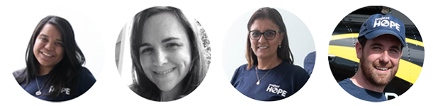 4 circles show the headshots of 4 team members wearing navy blue shirts with the white Project HOPE logo