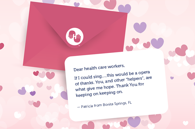 A valentine envelope on a background of purple and pink hearts shows a note coming out of it, reading, if I could sing... this would be a opera of thanks. You, and other helpers, are what give me hope. Thank You for keeping on keeping on.