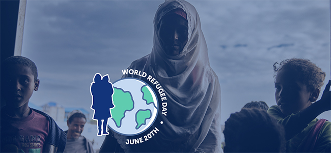 A photo with blue translucent overlay showing a displaced family in Ethiopia against the background of a cloudy sky as they enter their temporary dwelling. An icon of a world is in the middle, reading World Refugee Day June 20th along with the silhouette of a mother holding a child.