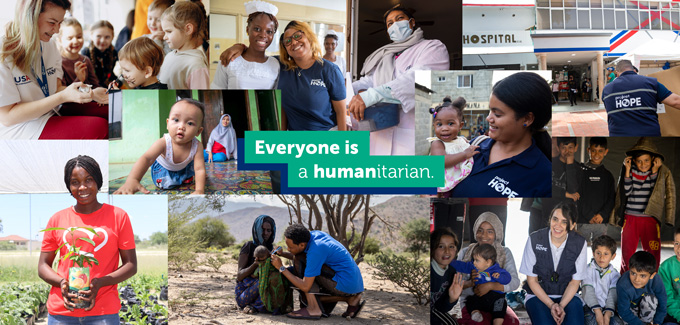 A collage of photos featuring Project HOPE teams, frontline health workers, volunteers and participants from around the world with text box in the middle reading Everyone is a HUMANitarian.