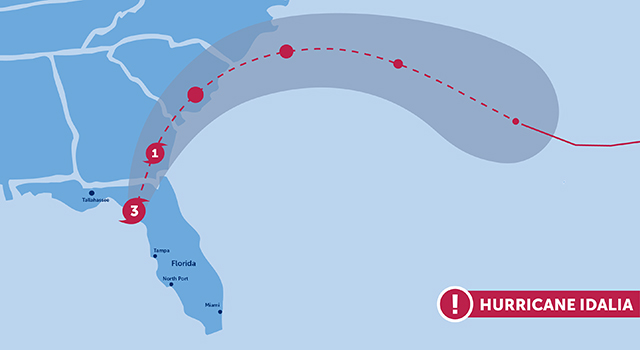 A graphic of a map of Florida showing the path of Hurricane Idalia as it travels northeast along the coast of the United States.