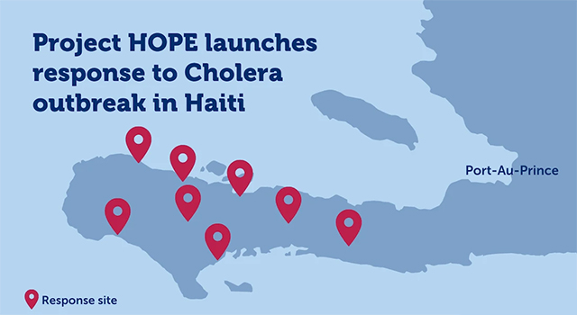 A map graphic showing where Project HOPE's cholera response sites in Haiti are located.